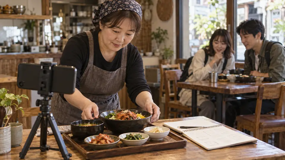 식당에서 음식을 준비하며 휴대폰으로 영상을 촬영하는 모습을 표현한 이미지